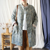 Chinese Standing Collar Loose Frog Button Shirt, Oversize Printed Cotton Linen Jacket 20250408