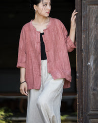 Summer cotton Chinese stand-up collar shirt, sandwashed frog button women's long-sleeved shirt 20240714