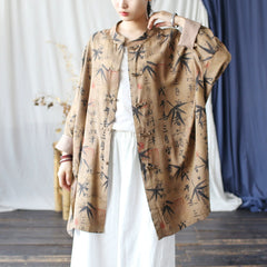 Vintage Brown Chinese Standing Collar Loose Frog Button Shirt, Oversize Printed bamboo leaf Cotton Linen Jacket 20250408