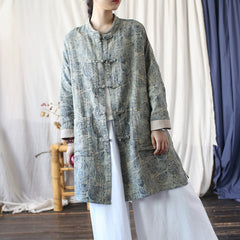 Chinese Standing Collar Loose Frog Button Shirt, Oversize Printed Cotton Linen Jacket 20250408