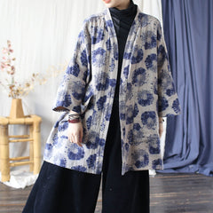 Vintage Blue Japanese kimono, Oversize Printed bamboo leaf Cotton Linen Jacket 20250408