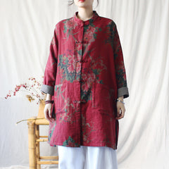 Vintage Frog Button Stand-up Collar shirt, Oversize Printed Red peony Cotton Linen Jacket 20250408