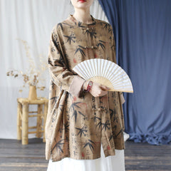Vintage Brown Chinese Standing Collar Loose Frog Button Shirt, Oversize Printed bamboo leaf Cotton Linen Jacket 20250408