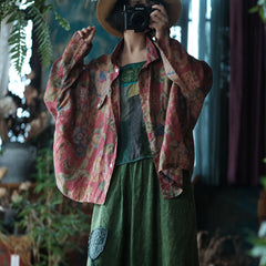 Vintage Digital Printed Pure Ramie Shirt, Summer Loose Casual Shirt 240621