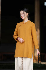2026 Spring New Arrival: Retro Cotton-Linen Chinese-Style Stand-Collar, Color-Blocked, Button-Fastened, Wrap-Front Blouse for Women – Zen Tea Attire