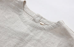 100% Linen Short Sleeve Shirt, Vintage Boat Neck Pleated Linen Top, Summer Loose Casual t-shirt 20250313