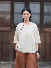 Artistic Retro Casual Oversized Shirt, Chinese-Style Color-Blocked Twisted-Cord Button-Up Top, Pullover T-Shirt 20260511