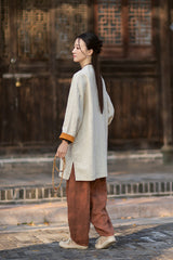 2026 Spring New Arrival: Retro Cotton-Linen Chinese-Style Stand-Collar, Color-Blocked, Button-Fastened, Wrap-Front Blouse for Women – Zen Tea Attire