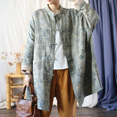 Chinese Standing Collar Loose Frog Button Shirt, Oversize Printed Cotton Linen Jacket 20250408