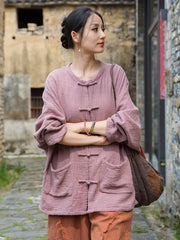 Summer Chinese loose cardigan, cotton linen washed frog long shirt 20250604