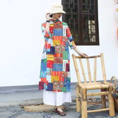 Summer Printed Cotton Linen Cheongsam, Vintage Chinese Square Printed Dresses 20250408