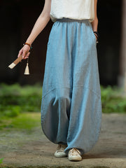 Women's Stone Washed Linen Pants, Loose Casual Elastic Waist Fried Color Linen Pants Tapered Harlem Pants 20240728