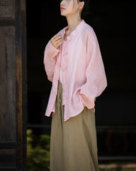 Summer Ramie Chinese Standing Collar Shirt,Sand Washed Frog Button Women's Long Sleeve Shirt 20240714