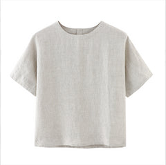 100% Linen Short Sleeve Shirt, Vintage Boat Neck Pleated Linen Top, Summer Loose Casual t-shirt 20250313