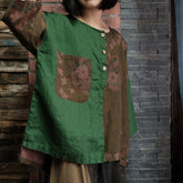 Green patchwork printed linen shirt, summer linen shirt, vintage Chinese loose chambray casual shirt