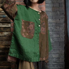 Green patchwork printed linen shirt, summer linen shirt, vintage Chinese loose chambray casual shirt