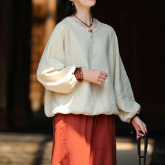 Loose long-sleeved cotton linen T-shirt, vintage round neck cotton linen button top shirt 20240920