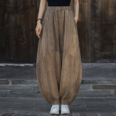 Ramie Handmade Tie-Dyed Loose Wide Leg Pants, Vintage Tapered Elastic Waist Lantern Trousers 20240722