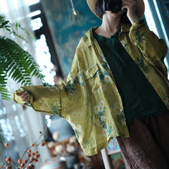Vintage Yellow Digital Print Pure Ramie Shirt, Summer Loose Casual Shirt 240621