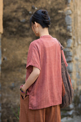 Women's Summer Chinese Short Sleeve Shirt, Vintage Cotton Linen Casual Frog Button Shirt 20250604