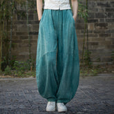 Ramie Handmade Tie-Dyed Loose Wide Leg Pants, Vintage Tapered Elastic Waist Lantern Pants 20240722