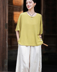 Frog button V-neck patchwork cotton linen T-shirt, summer Chinese retro women sandwashed loose cotton linen T-shirt 20240728