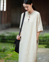 Cotton linen dress, summer new Chinese stand-up collar frog button dress 20240727