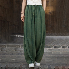 Cotton linen stonewashed loose-fitting straight-leg pants, vintage elastic waist casual pants 20240722