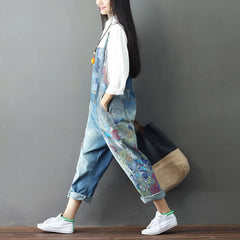 Printed cotton overalls, women's denim washed overalls