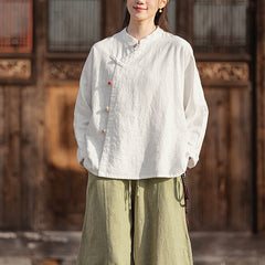 Chinese Frog Button Cotton Linen Shirt, Vintage Loose Long Sleeve Jacket 20250328
