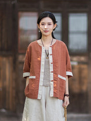 New New Chinese-Style Design: Comfortable, Lightweight Linen Top with Color-Blocked Patchwork and Button-Front Cardigan 20260511