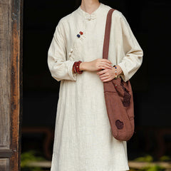 Women's Vintage Chinese Frog Button Long Sleeve Cotton and Linen Long Shirt, Standing Collar Loose Cotton and Linen Jacket 20240920