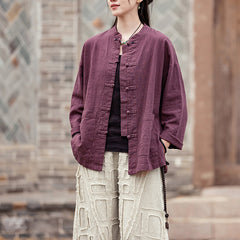 Vintage Chinese stand-up collar frog button long-sleeved cotton shirt, casual loose cotton jacket 20250328