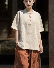 Summer Cotton Chinese t-shirt,cotton linen Washed Plate Button Women's Short Sleeve T-Shirt 20240714