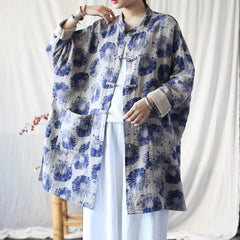 Vintage Blue Chinese Standing Collar Loose Frog Button Shirt, Oversize Printed Cotton Linen Jacket 20250408
