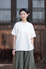 Women's Cotton-Linen Retro Zen-Inspired Stand-Collar Shirt with Stitched Buttonholes and Asymmetrical Hem 20260511