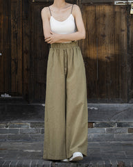 Ramie Handmade Tied Mid Waist Wide Leg Pants, Vintage Elastic Waist Casual Pants 20240722