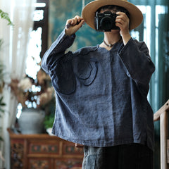 Pure Ramie Literary Hand Embroidered Blue Applique Shirt Top 240621