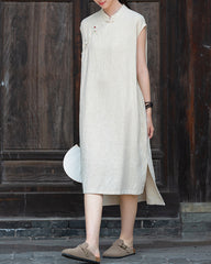 Cotton Linen Long sleeveless Shirt, Summer New Chinese Standing Collar Frog Button Dress 20240728