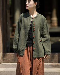 Summer cotton linen Chinese stand-up collar shirt, sandwashed frog button women's long-sleeved shirt 20240714