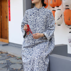 Summer Printed Cotton Linen Cheongsam, Vintage Chinese flower Printed Dresses 20250408