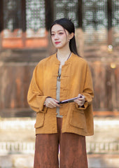 2026 Spring New Arrival: Original Vintage-Inspired Linen-Cotton Women's Cardigan, Loose-Fit Jacket with Stand-Up Collar and Button Closure
