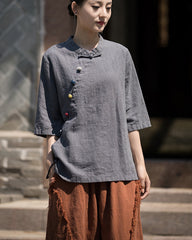 Summer Chinese Tops, Ramie Lapel Vintage Summer Tea Clothes Short Sleeve Shirt,Frog Button Round Collar Shirt