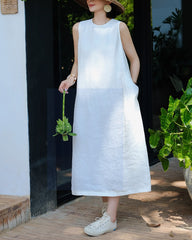 100% Linen Dress, Loose White Linen Dress, Women's Summer Dress 20250314