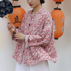 Vintage Chinese Standing Collar Loose Frog Button Shirt, Printed flower Cotton Linen Jacket 20250408