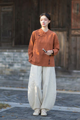 2026 Spring New Arrival: Original Cotton-Linen Women's Chinese-Style Stand-Collar Top, Tea Ceremony-Style Women's Diagonal-Placket Color-Blocked Button-Down Shirt