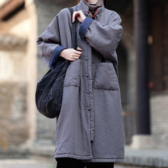 Loose Casual Linen Winter Coat, Vintage Chinese Standing Collar Frog Button Cotton Linen Coat