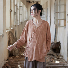 Vintage V-neck cotton linen shirt, Chinese long-sleeved cotton and linen frog button shirt