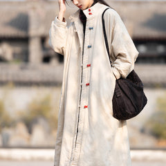 Loose Oversize Winter Linen Coat, Vintage Chinese Standing Collar Frog Button Coat Plus size