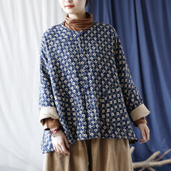 Vintage Plaid Cotton Shirt, Round Neck Cotton Long Sleeve Shirt